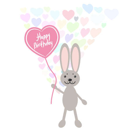 Happy birthday Card cute kawaii Hare rabbit with balloon in the shape of heart, pastel colors on white background. Card design. Vector illustrationのイラスト素材