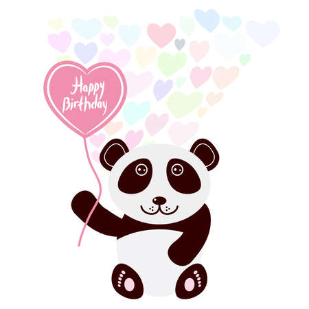 Happy birthday Card design cute kawaii panda with balloon in the shape of heart, pastel colors on white background. Vector illustrationのイラスト素材