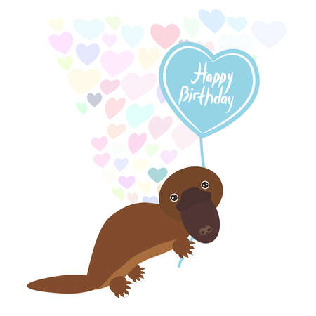 Happy birthday Card cute kawaii platypus with balloon in the shape of heart, pastel colors on white background. Card design. Vector illustrationのイラスト素材