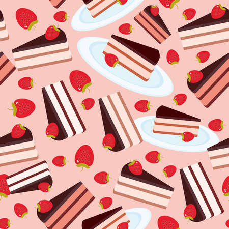 Seamless pattern Sweet cake decorated with fresh Strawberry, pink cream and chocolate icing, piece on the blue plate, pastel colors on pink background. Menu Card Textile print, web page fill. Vector illustrationのイラスト素材