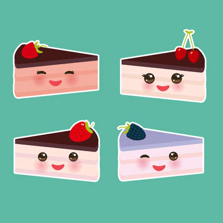 Cute fresh Strawberry cherry raspberry blackberry, cake set decorated pink cream and chocolate...