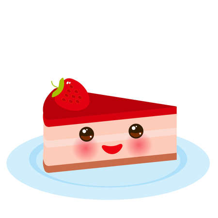 Sweet cake decorated with fresh Strawberry, pink cream and chocolate icing, piece of cake on the blue plate, pastel colors on white background. Menu Card design. Vector illustrationのイラスト素材