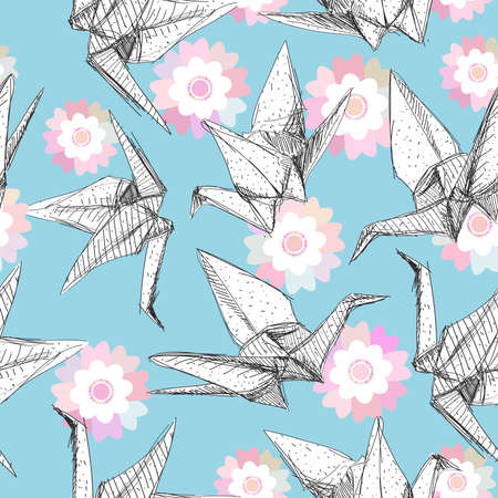 Origami white paper cranes set sketch seamless pattern. gray line Nature oriental background with Japanese Sakura flowers pastel colors on blue background. Vector illustrationのイラスト素材