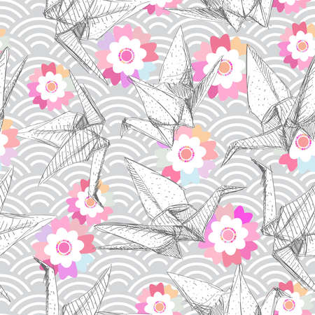 Origami white paper cranes set sketch seamless pattern. gray line Nature oriental japanese pink Sakura flowers wave circle pattern pastel colors on gray background. Vector illustrationのイラスト素材