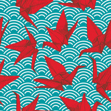 Origami red paper cranes set sketch seamless pattern. burgundy maroon line Nature oriental background with japanese wave circle pattern pastel colors on green blue background. Vector illustrationのイラスト素材