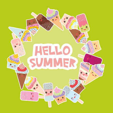 Hello Summer Card design on green background.のイラスト素材