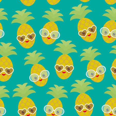 Seamless pattern cute funny kawaii exotic fruit pineapple with sunglasses on blue background. Hot summer day, pastel colors card design, banner template. Vector illustrationのイラスト素材
