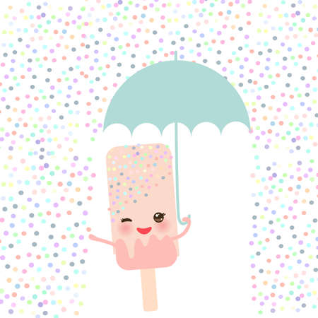 Pink ice cream holding an umbrella on white sprinkles rain background.のイラスト素材