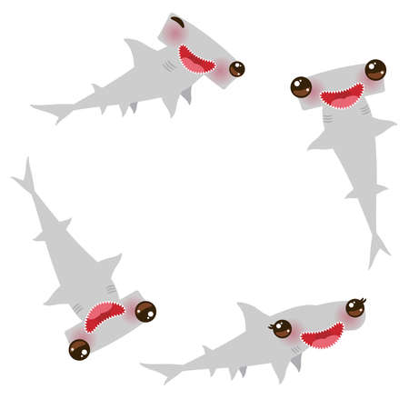 Cartoon gray Smooth hammerhead Winghead shark Kawaii with pink cheeks and winking eyes positive smiling on white background. Vector illustrationのイラスト素材
