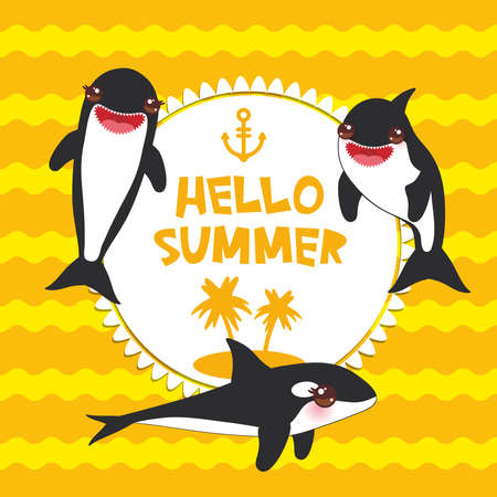 Cartoon grampus set. Hello Summer, orca, killer whale, sea wolf Kawaii with pink cheeks and positive smiling on yellow orange waves sea ocean background banner template, card design. Vector illustrationのイラスト素材