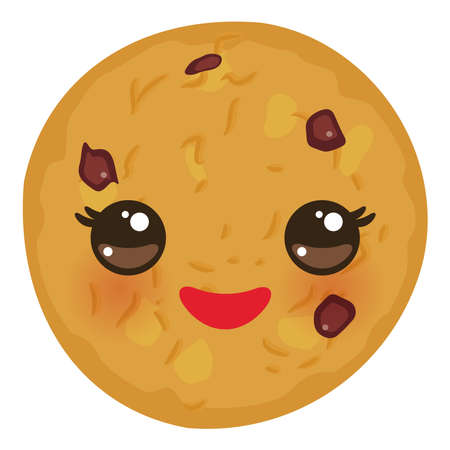 Kawaii Chocolate chip cookie Freshly baked isolated on white background. Cute face with pink cheeks and eyes. Bright colors. Vector illustrationのイラスト素材