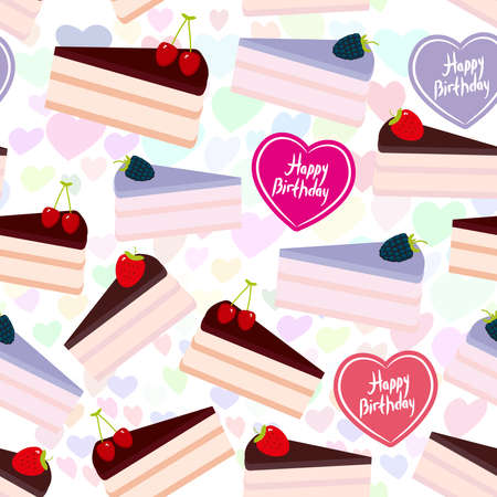 Birthday seamless pattern design Sweet cake decorated with fresh berry, pink cream and chocolate icing, piece of cake, heart, pastel colors lilac background. Vector illustrationのイラスト素材