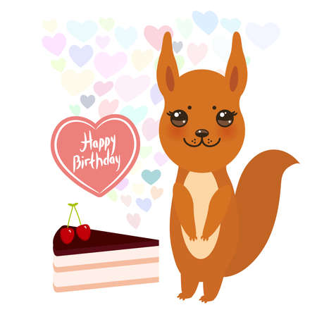 Happy birthday Card cute squirrel with cake, balloon in the shape of heart, pastel colors on white background. Card design. Vector illustrationのイラスト素材