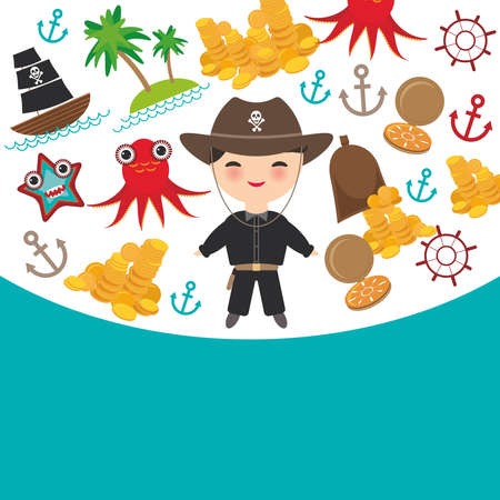 Marine pirate card banner design copy space, pirate boat with sail, gold coins crab octopus starfish island with palm trees anchor compass anchor helm treasures on white light blue background. Vector illustrationのイラスト素材