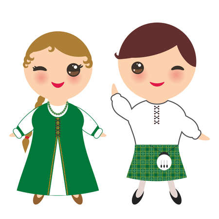 Ireland boy and girl in national costume and hat. Cartoon children in traditional irish dress. Isolated on white background. Vector illustrationのイラスト素材