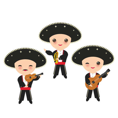 Cubans boy in national costume and hat. Cartoon children in traditional Cuba dress, Mariachi group Musical instruments guitar, viola, violin, trumpet. Isolated on white background. Vector illustration.のイラスト素材