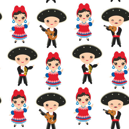 Seamless pattern Cubans boy and girl in national costume and hat. Cartoon children in traditional Cuba dress, Mariachi group. Musical guitar, viola, violin, trumpet. Isolated on white background. Vector illustration.のイラスト素材