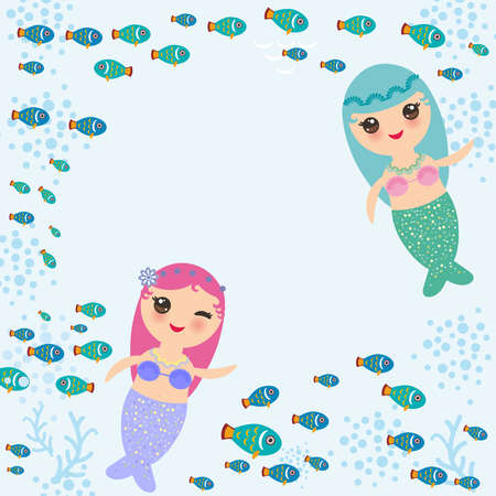 Mermaid with blue and pink hair. Cute girl coral fish, card banner design, copy space on blue background. Vector illustration.のイラスト素材