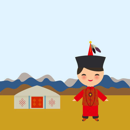 Mongolian boy in red national costume and hat. Cartoon children in traditional dress. Landscape steppe, mountains, sky, home yurt. Vector illustrationのイラスト素材
