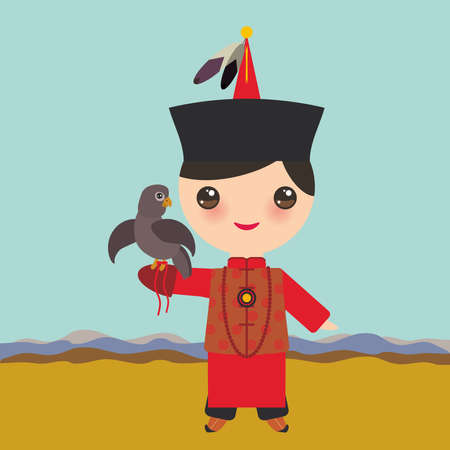 Mongolian boy in red national costume and hat. Cartoon children in traditional dress. Hunter, hunting with an eagle.  Vector illustrationのイラスト素材