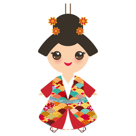 Japanese girl in national costume. kimono, Cartoon children in traditional dress. Japan sakura wave circle pattern red burgundy colors card banner design isolated on white background. Vector illustrationのイラスト素材