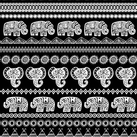 Beautiful seamless pattern Indian Elephant with ornamental strips. Hand drawn ethnic tribal decorated Elephant. White contour on Black background. for site, blog, fabric. Vector illustrationのイラスト素材