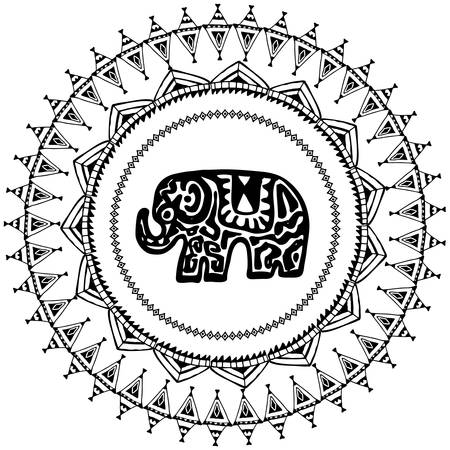 Beautiful card with Elephant Indian with ornaments. Round frame for your text. Hand drawn banner template with ethnic Elephant head. Black contour isolated on white background. Vector illustrationのイラスト素材