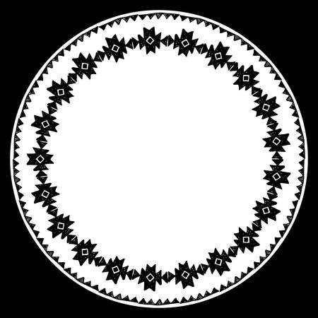 Beautiful card with native zigzag ornaments. Round frame mandala for your text. Hand drawn banner template with ethnic aztec border. Black contour isolated on white background. Vector illustrationのイラスト素材