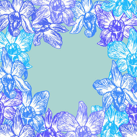 Beautiful Summer background Orchid Hand drawn round card blue contour sketch, Place for your text, congratulations banner design. Vector illustrationのイラスト素材
