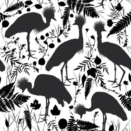 seamless pattern Grey crowned crane, Black crowned crane with grass and flowers black silhouette isolated on white background for site, blog, fabric. Vector illustrationのイラスト素材