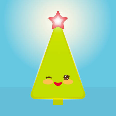 Kawaii Happy New Year card. Funny green Christmas tree with a red star smiling and winking eye. Vector illustrationのイラスト素材