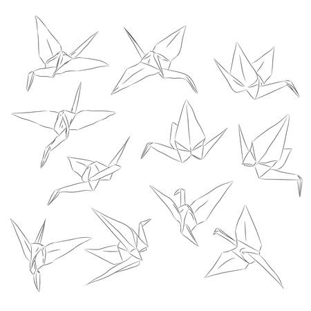 Japanese Origami paper cranes set, symbol of happiness, luck and longevity, sketch. black line contour on white background. Vector illustrationのイラスト素材