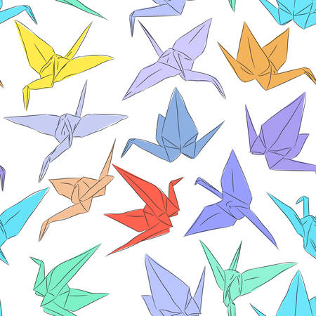 Japanese Origami paper cranes symbol of happiness, luck and longevity, sketch seamless pattern. purple blue yellow orange red brown green line on white background. Vector illustrationのイラスト素材
