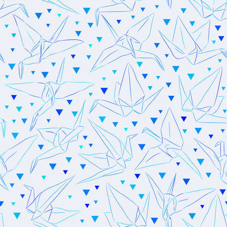 Japanese Origami paper cranes symbol of happiness, luck and longevity, sketch seamless pattern. blue aqua green line on light blue lavender abstract geometricのイラスト素材
