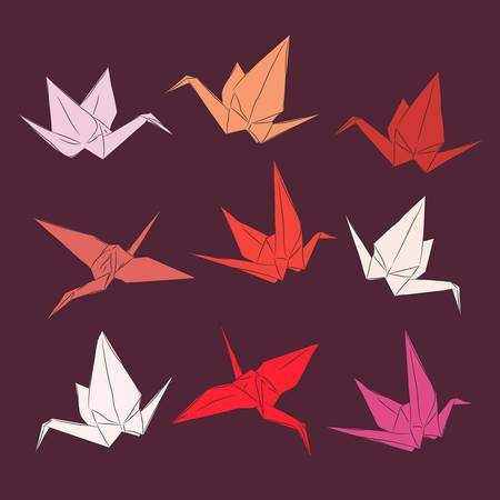 Japanese Origami paper cranes set orange red white pink, symbol of happiness, luck and longevity, sketch. black line contour on orange red brown background. Vector illustrationのイラスト素材