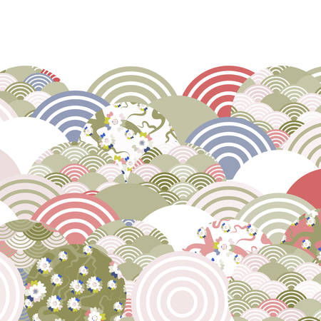 fish scales simple Nature background with japanese sakura flower, rosy pink Cherry, wave circle pattern red olive Green pink beige colors card banner design on white background. Vector illustrationのイラスト素材