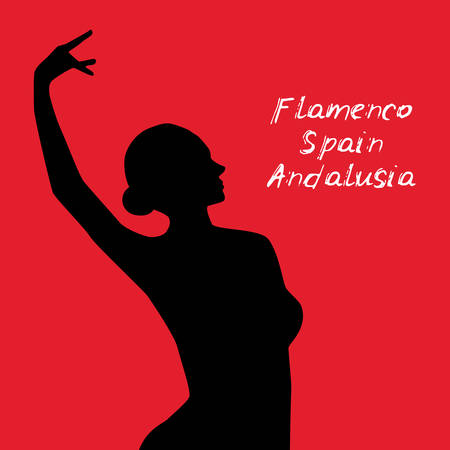 Woman in long dress stay in dancing pose. flamenco dancer, spanish. beautiful female profile black silhouette on red background. Vector illustrationのイラスト素材