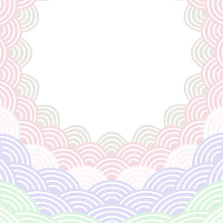 Round Wreath composition frame for your text. fish scales simple Nature background with japanese wave circle pattern, Pink lilac green pastel color card banner design on white background. Vector illustrationのイラスト素材