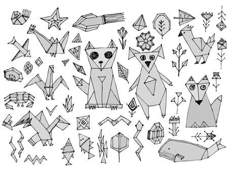 Grey Dog cat fox fish birds sea animals and plants, Black outline isolated on white background, doodle decorative contemporary elements Stylized origami. Vector illustrationのイラスト素材
