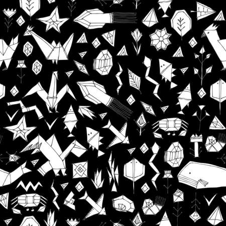 Spring Summer geometric seamless pattern with animals and plants, black contours decorative contemporary elements Stylized origami. print, trendy backdrop background for site, blog, fabric. Vector illustrationのイラスト素材