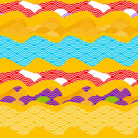 Summer bright sunny seamless pattern fish scales simple Nature background with Chinese wave circle pattern violet blue red yellow orange colors card banner design. Vector illustrationのイラスト素材