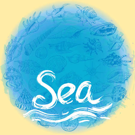symbol of the sea ocean trendy print Round composition Beige sand. Summer sea shells, molluscs on blue abstract background. Circle wreath card banner design with space for text. Vector illustrationのイラスト素材
