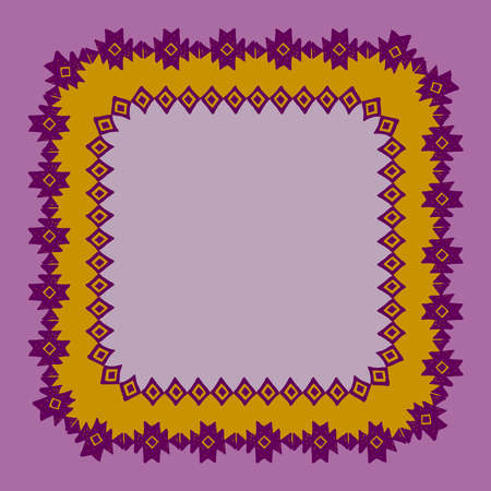 Beautiful card with native zigzag ornaments. Square frame for your text. Hand drawn banner template with ethnic aztec border. purple contour on Orange lilac background. Vector illustrationのイラスト素材