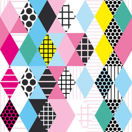 Geometric elements Memphis Postmodern Retro fashion style 80-90s. asymmetrical shapes Rhombus triangle circle Seamless pattern. Yellow blue green pink black background for site blog fabric. Vector illustrationのイラスト素材