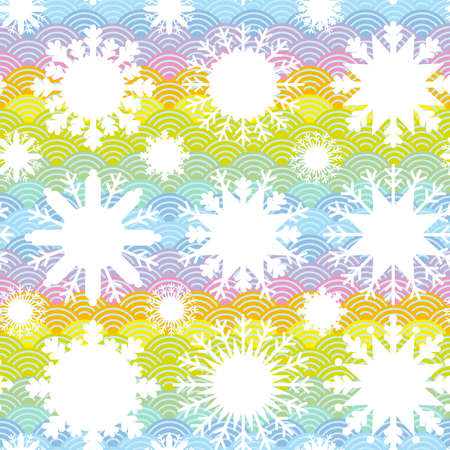 Christmas design seamless pattern, Kawaii white snowflake set on blue mint orange pink lilac japanese wave background rainbow abstract circle pastel colors. Vector illustrationのイラスト素材