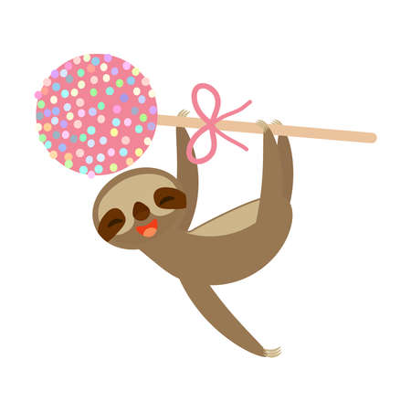 funny and cute smiling Three-toed sloth with pink cake pops on white background. Vector illustrationのイラスト素材