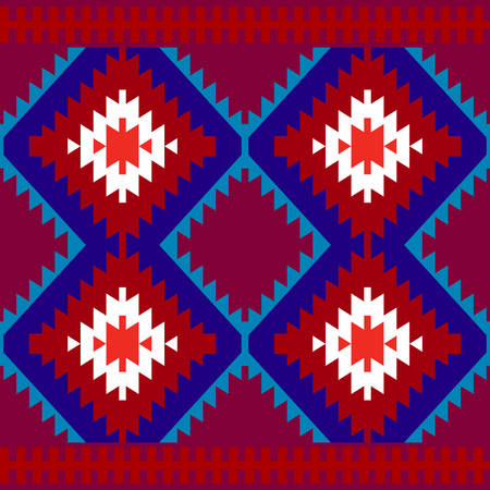 Seamless pattern Turkish carpet white red burgundy blue. Colorful patchwork mosaic oriental kilim rug with traditional folk geometric ornament. Tribal style. Vector illustrationのイラスト素材