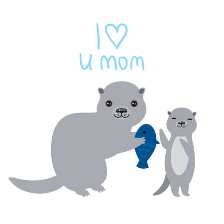 I Love You Mom. Kawaii grey otters with fish on white background. Excellent gift card for Mothers Day. Thanks mom. Applicable for Banners, Placards, Posters, Flyers. Vector illustrationのイラスト素材