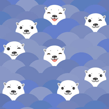 Funny white Polar Bear in blue water, sea waves Seamless pattern, background. Kawaii faces. Vector illustrationのイラスト素材