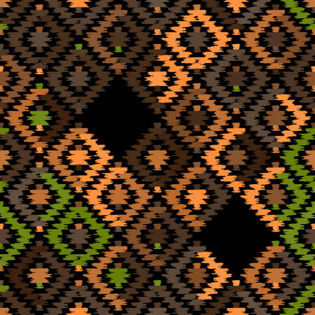 Seamless pattern Turkish carpet beige orange khaki brown black. Patchwork mosaic oriental kilim rug with traditional folk geometric ornament. Tribal style. Vector illustrationのイラスト素材